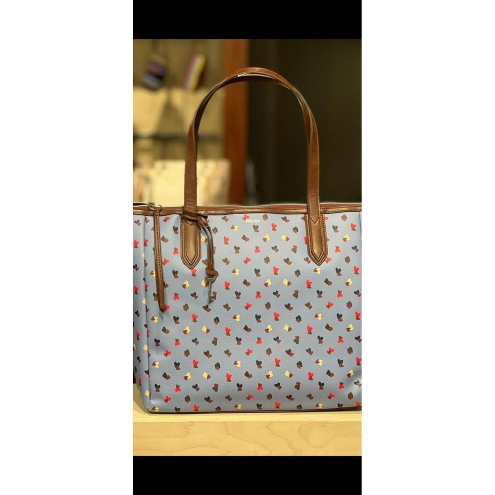 Fossil Heart Print Tote Bag Blue Brown Leather Trim Key Charm - Picture 7 of 7